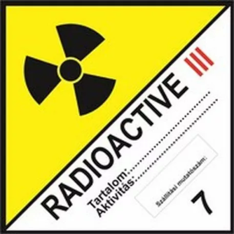Radioaktív anyagok III sárga kat. - öntapadó, 100*100 mm