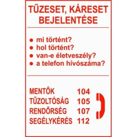 Tűzeset, káreset bejelentése - műanyag, 160*240 mm