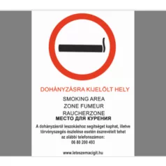 Dohányzásra kijelölt hely Új! - műanyag, 297*210 mm