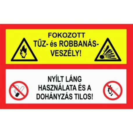 Fokozott tűz és robbanásveszély - utánvilágító műanyag, 160*240 mm