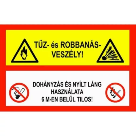 Tűz és robb.veszély! Doh. és nyílt láng haszn. 6m-en belül tilos! - utánvilágító műanyag, 160*240 mm