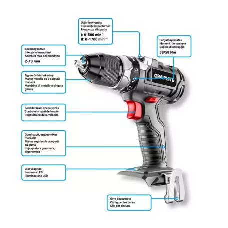 Graphite Akkus Fúró Csavarozó 58G019 Energy+ 18V LI-ion, 13 mm, Szénkefe Mentes, Akku Nélkül