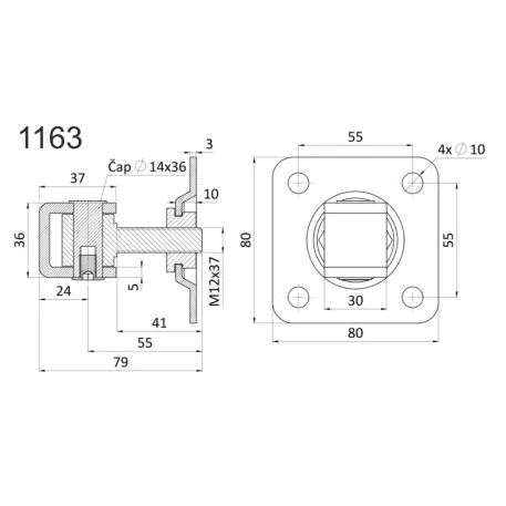 Állítható hegeszthető pánt M12, 80×80mm alaplemezzel