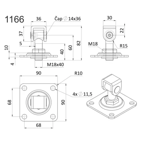 Állítható hegeszthető pánt M18, 90×90mm alaplemezzel