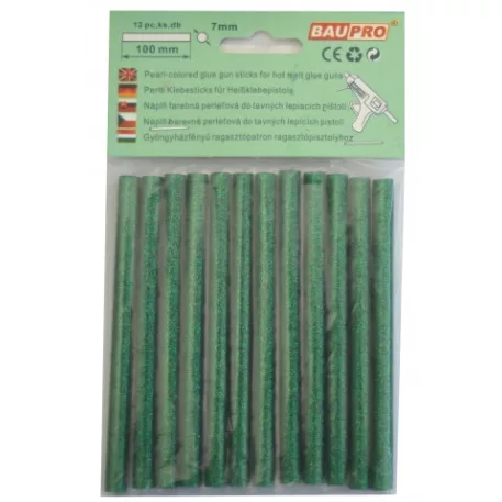 Ragasztópatron gyöngyházfényű zöld 7x100 mm 12 db Baupro
