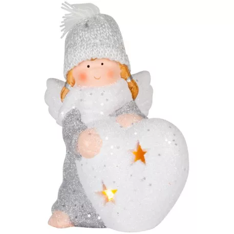 MagicHome karácsonyi szobor, Angyalka szívvel, LED, terrakotta, 12 x 10 x 15 cm