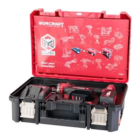 Szett Worcraft XCUBE003 Szerszámosláda, CAG-S20LiBS sarokcsiszoló 125 mm, 2x 4,0 Ah akkumulátor, 1x 