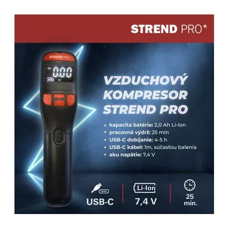 Akkumulátoros kézi lég kompresszor Strend Pro K25, 150 psi, 10 bar, LED