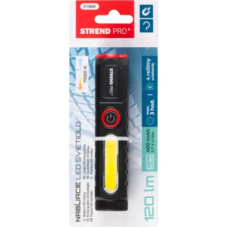 Strend Pro zseblámpa, COB LED 120 lm, 35x35x132mm, USB töltés