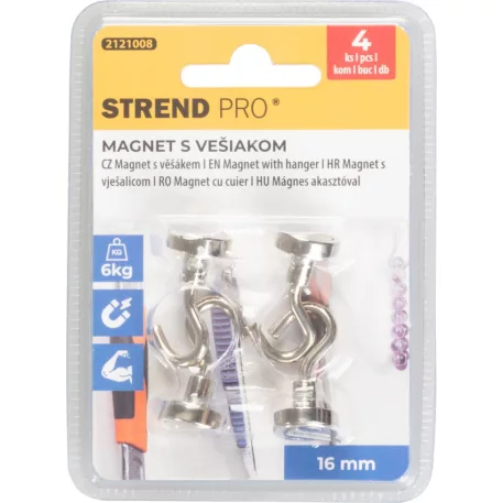 Strend Pro Mágnes, extra erős, akasztóval, 16 mm, max. 6 kg, csomag. 4 db