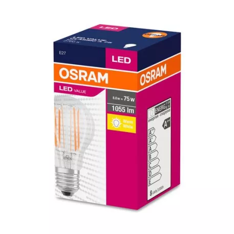 Égő Osram LED Fil 075 (Ean8669) Non-Dim, 8W/827 E27 2700K Value Classic A