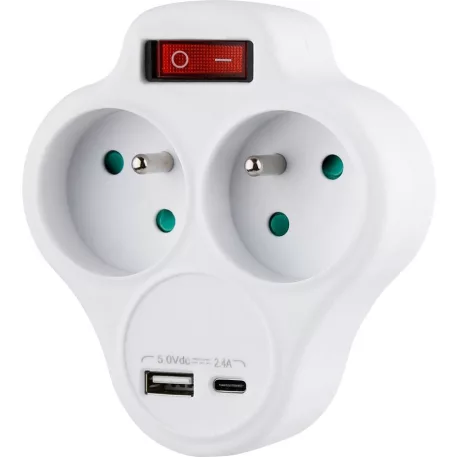 Strend Pro elosztóaljzat, fehér, 2x 16 A, USB A+C, ki/be kapcsolóval