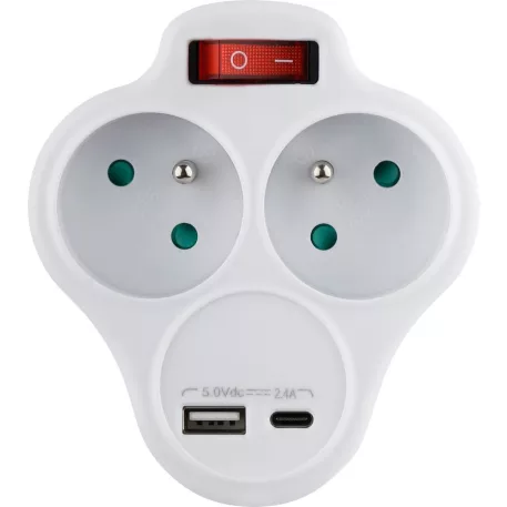 Strend Pro elosztóaljzat, fehér, 2x 16 A, USB A+C, ki/be kapcsolóval