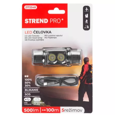 Strend Pro Headlight H4016 zseblámpa, 2x XPG, 500 lm, 2000 mAh, USB töltés, vízálló