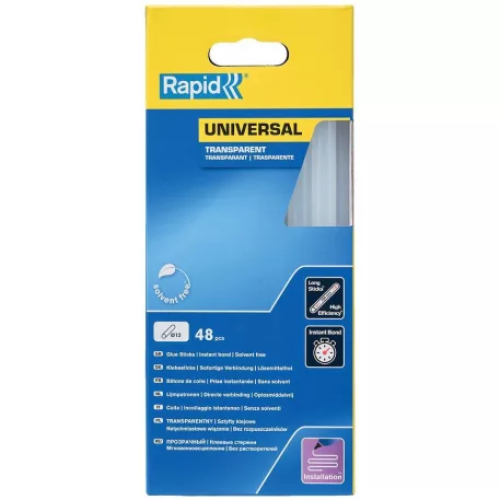 RAPID pálca, 12x190 mm, univerzális transzparens, 48 db, forró olvadék, ragasztó, utántöltő forró ragasztópisztolyhoz