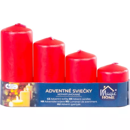 Gyertya MagicHome, karácsonyi, adventi, piros, 48 mm 60/80/100/120 mm, csomag 4 db