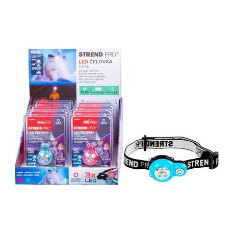 Fejlámpa Strend Pro Headlight, LED, 15 lm, mini, rózsaszín/kék, Sellbox 8 db