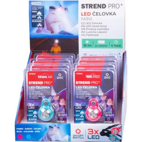 Fejlámpa Strend Pro Headlight, LED, 15 lm, mini, rózsaszín/kék, Sellbox 8 db