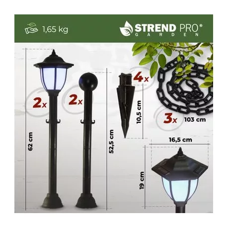 Lámpa Strend Pro Garden, lánc, kerítés, kertbe, 2x szolár lámpa, 1x LED, 16,5x16,5x71,5 cm
