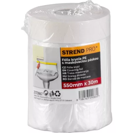 Fólia takaró Strend Pro, 550 mm, H-30 m, PE, festő, maszkoló szalaggal, padlóra takaró