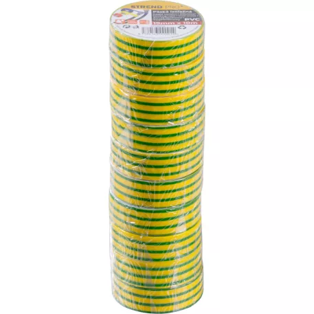 Szalag Strend Pro, 19 mm, L-10 m, max. 80°C, 600V, zöld-sárga, szigetelő, ragasztó, PVC, csomag 10 d