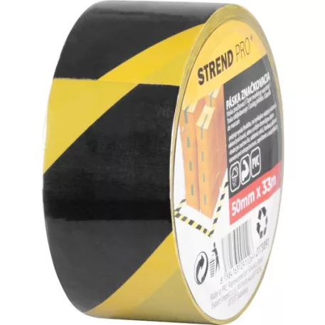 Szalag Strend Pro, 50 mm, L-33 m, PVC, ragasztó, figyelmeztető, sárga/fekete