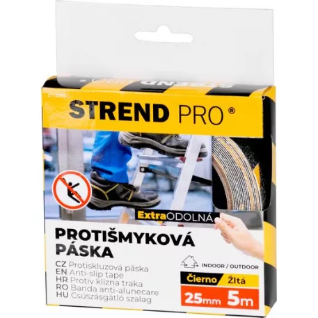 Szalag Strend Pro, 25 mm, L-5 m, ragasztó, csúszásgátló, extra tartós, fekete/sárga