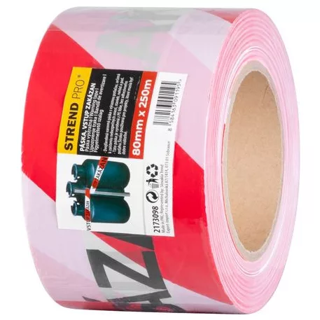 Szalag Strend Pro, 80 mm, H-250 m, figyelmeztető, piros/fehér, Cseh "VSTUP ZAKÁZÁN" felirattal