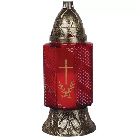 Mécses Grave, piros üveg, kereszttel, réz, 28 óra, 80 g, 24 cm, sírra