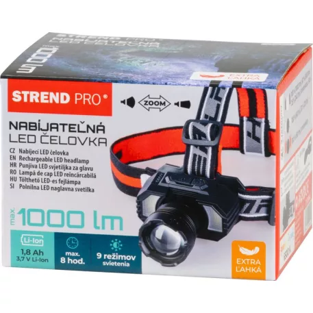 Fejlámpa Strend Pro XL121807, LED, 900 lm, ZOOM, 1800 mAh, USB töltés