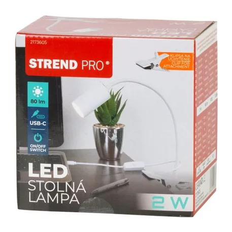 Lámpa Strend Pro, asztali, csíptetős, Alu, fehér, USB, 41 cm