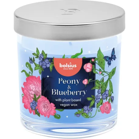 Gyertya Bolsius Floral Fusion Bazsarózsa és Áfonya, illatos, 80/72 mm, üvegben