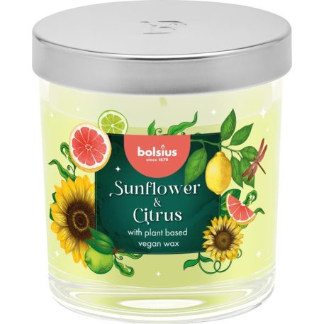 Gyertya Bolsius Floral Fusion Napraforgó és Citrus, illatos, 80/72 mm, üvegben