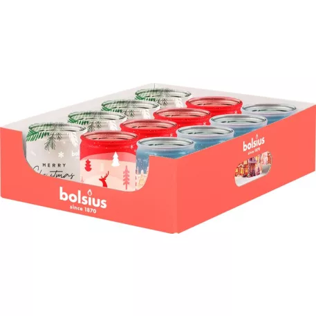 Bolsius Starlight gyertya, 82x68 mm, 3 féle illattal, üvegben, 12 db-os kiszerelés.