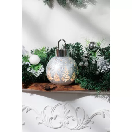 MagicHome karácsonyi gömb, üveg, ezüst, 10xLED meleg fehér, 12x12x18 cm, 2xAA