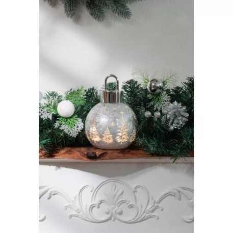 MagicHome karácsonyi gömb, üveg, ezüst, 10xLED meleg fehér, 12x12x18 cm, 2xAA