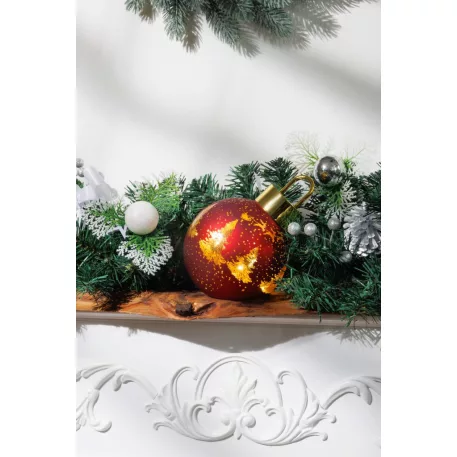 MagicHome karácsonyi talpas gömb, üveg, piros, 10xLED meleg fehér, 12x12x18 cm, 2xAA