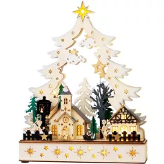  MagicHome Karácsonyi Dekoráció, falu, fa, 12xLED meleg fehér, 25x7.5x32 cm, 2xAA