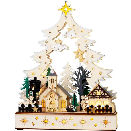 MagicHome Karácsonyi Dekoráció, falu, fa, 12xLED meleg fehér, 25x7.5x32 cm, 2xAA