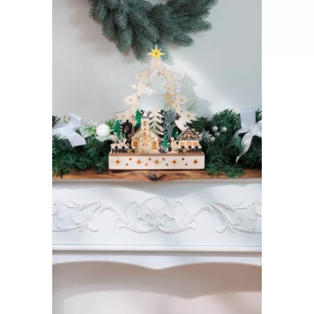 MagicHome Karácsonyi Dekoráció, falu, fa, 12xLED meleg fehér, 25x7.5x32 cm, 2xAA