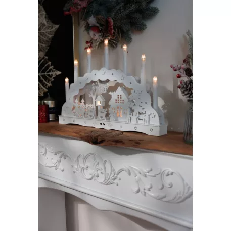 MagicHome Karácsonyi Dekoráció, házikó, fa, 10xLED meleg fehér, 45x5.2x31 cm, 2xAA