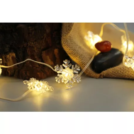 MagicHome karácsonyi lánc, hópelyhek, PVC, 15xLED meleg fehér, 1,4 m + 0,3 m, 2xAA