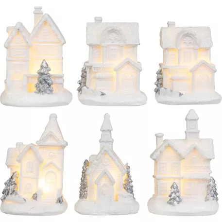 MagicHome karácsonyfadísz, házikó, műanyag, 1xLED meleg fehér, 6x6x8 cm, 2xLR44