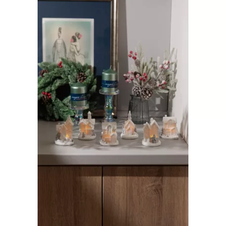 MagicHome karácsonyfadísz, házikó, műanyag, 1xLED meleg fehér, 6x6x8 cm, 2xLR44