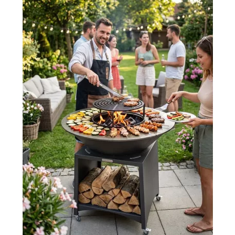 Grill Strend Pro Fiesta, antracit kivitel, acél, 100 cm átmérő, tűzrakóval