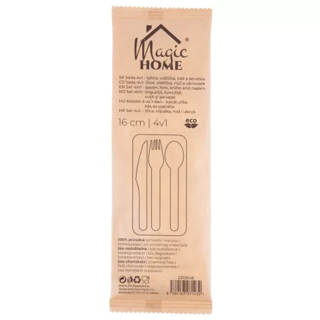 MagicHome Woodline ECO,  Evőeszkőz szett fából. 100%-ban természetes (kés, villa, kanál, szalvéta)