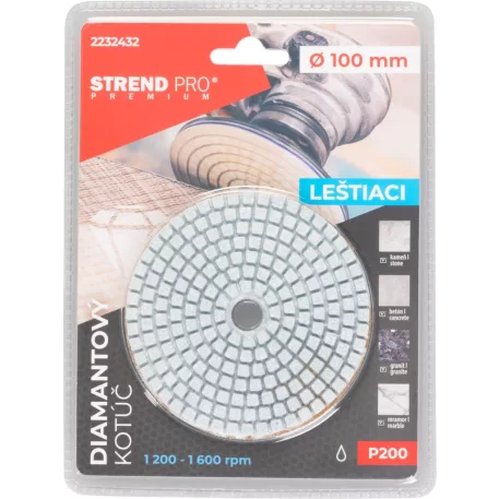 Strend Pro Premium P200 tárcsa, 100 mm, polírozó, gyémánt, tépőzáras, nedves polírozó és csiszolókorong