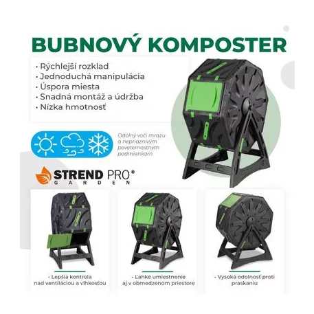Komposztáló Strend Pro Garden, dobos, 70 liter, fekete, 55,5x36x72 cm