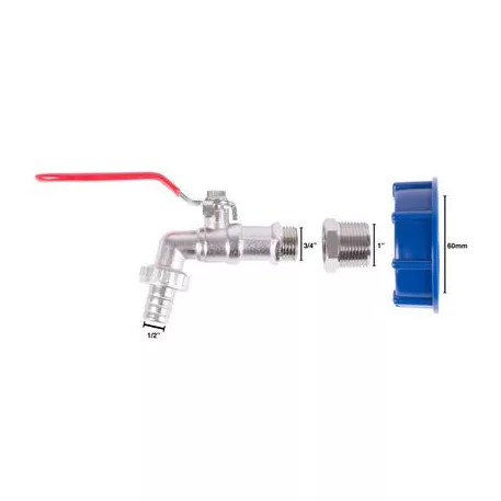 Szett Strend Pro, 1/2"-es szelep (cink redukcióval 3/4") + 60 mm-es műanyag redukció + 3/4"-es leeresztő, IBC tartályhoz