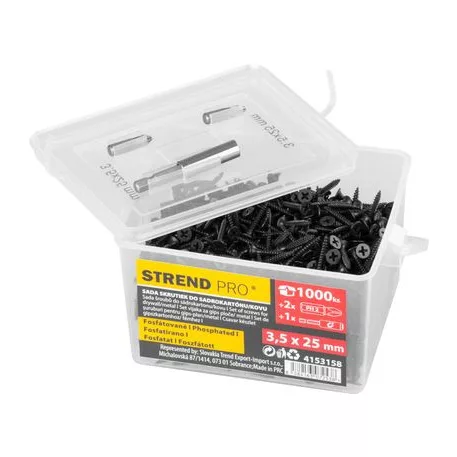 Strend Pro csavarkészlet, gipszkartonhoz/fémhez, 3,5x25 mm, 2x bitekkel és mágneses tartóval, 1000 db.
